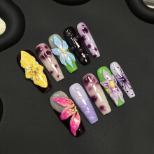(S) 10PCS Flower Decor Fake Nails for Women