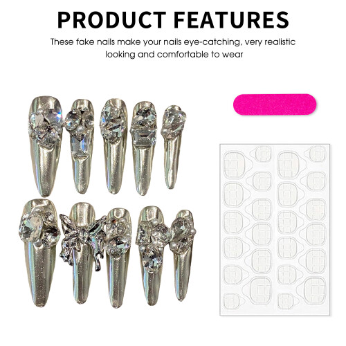 (S) Rhinestone Long Artificial Nails - Comfortable & Stylish