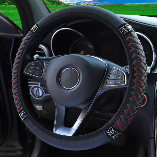 (Black Red) PU Leather Car Steering Wheel Cover - Embroidered