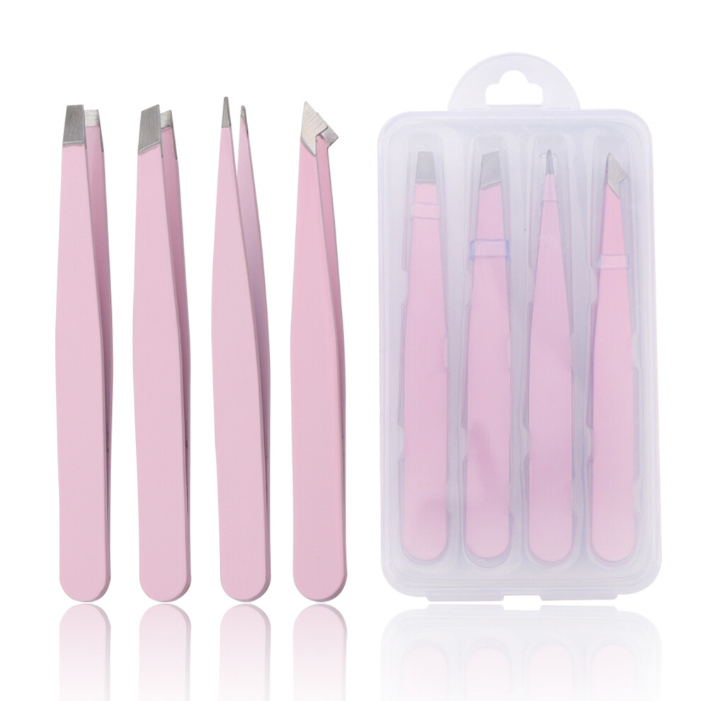 Dachuang Beauty (Purple, Plastic Box) 4Pcs Stainless Steel Tweezers For Eyebrows & Facial Hair