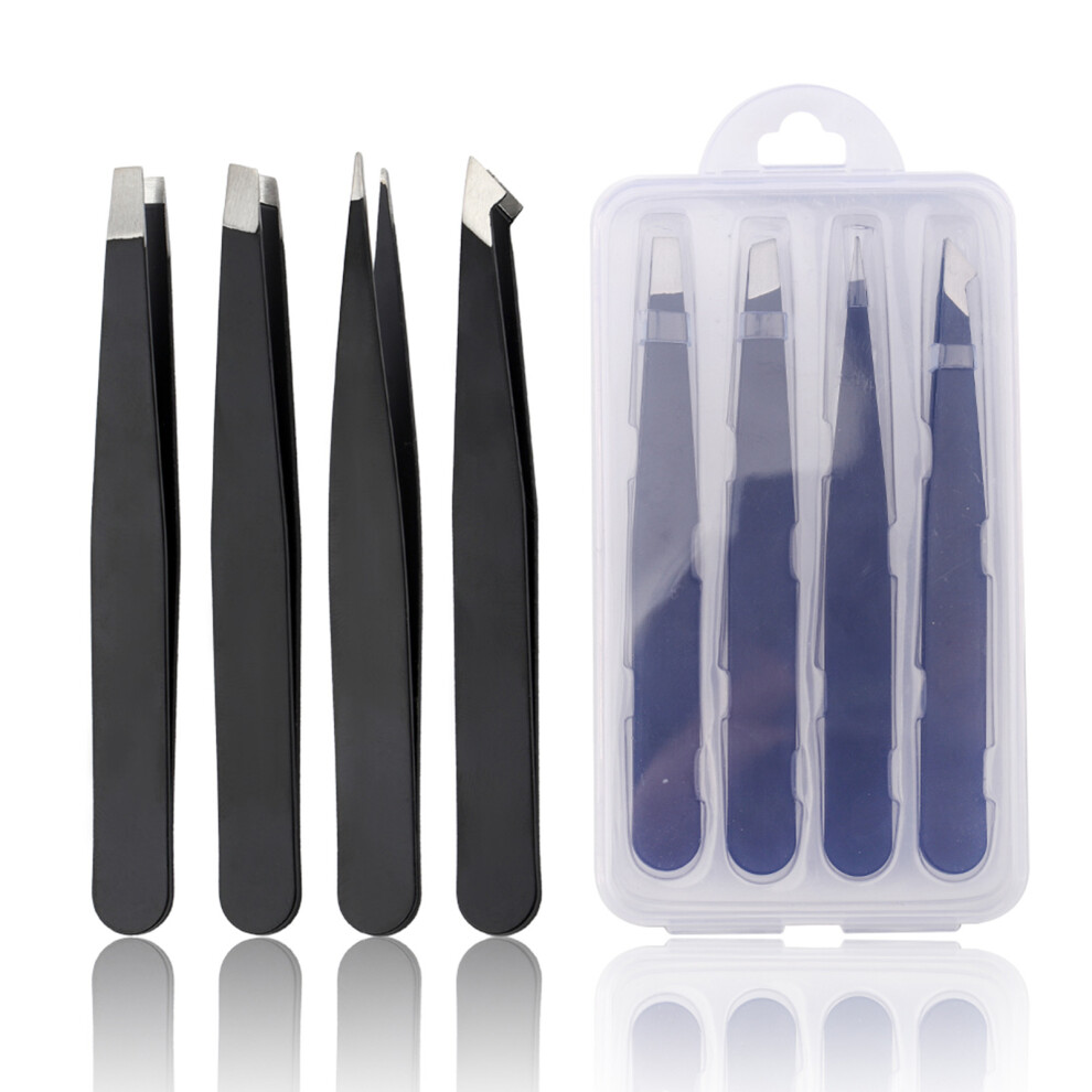 Dachuang Beauty (Black, Plastic Box) 4Pcs Stainless Steel Tweezers For Eyebrows & Facial Hair