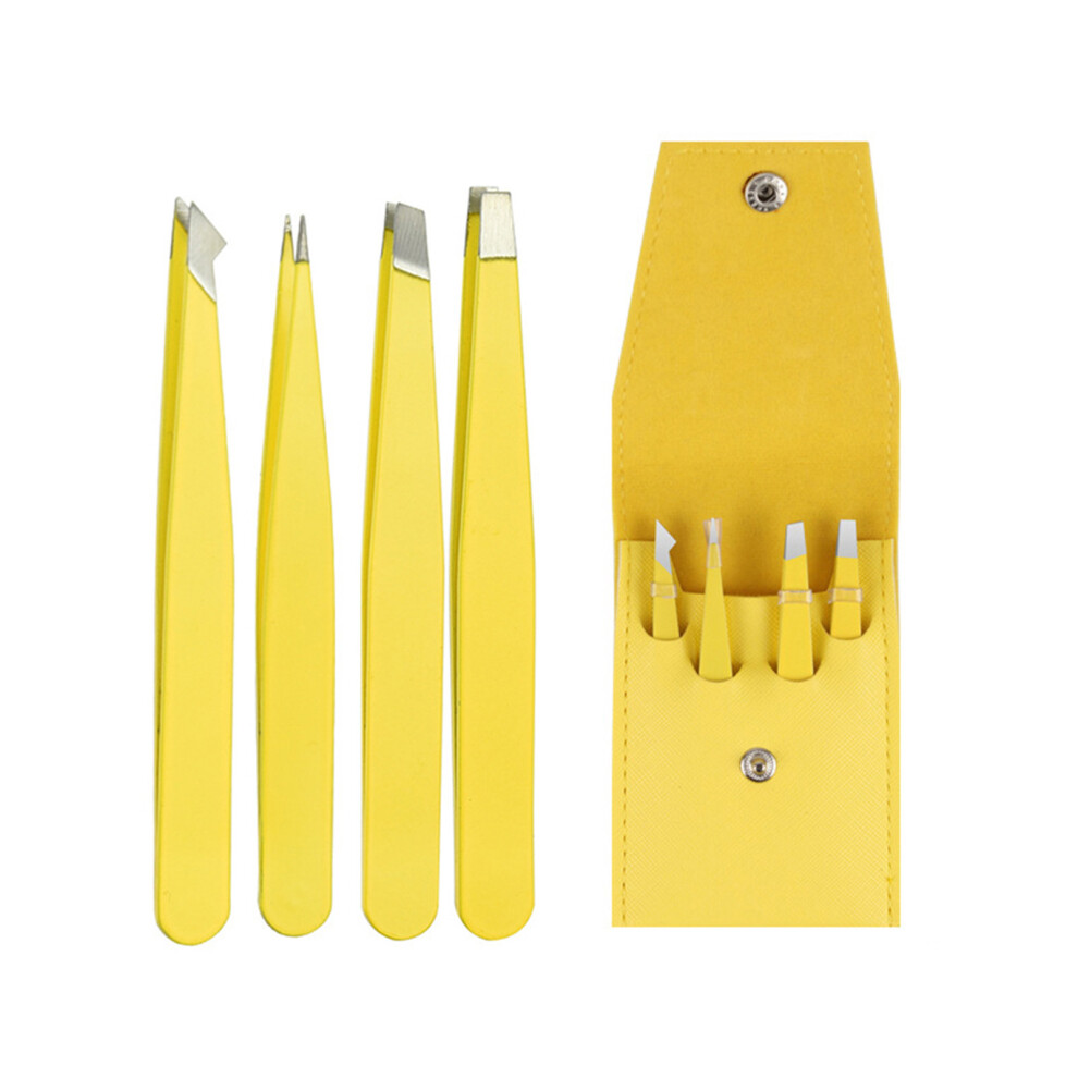 Dachuang Beauty (Yellow, Pu Cover) 4Pcs Stainless Steel Tweezers For Eyebrows & Facial Hair