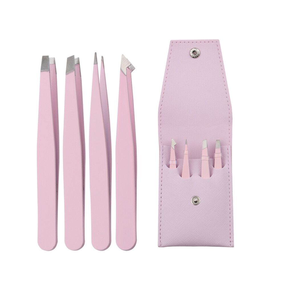 Dachuang Beauty (Purple, Pu Cover) 4Pcs Stainless Steel Tweezers For Eyebrows & Facial Hair