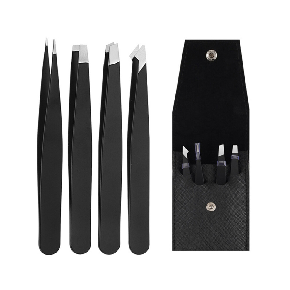Dachuang Beauty (Black, Pu Cover) 4Pcs Stainless Steel Tweezers For Eyebrows & Facial Hair