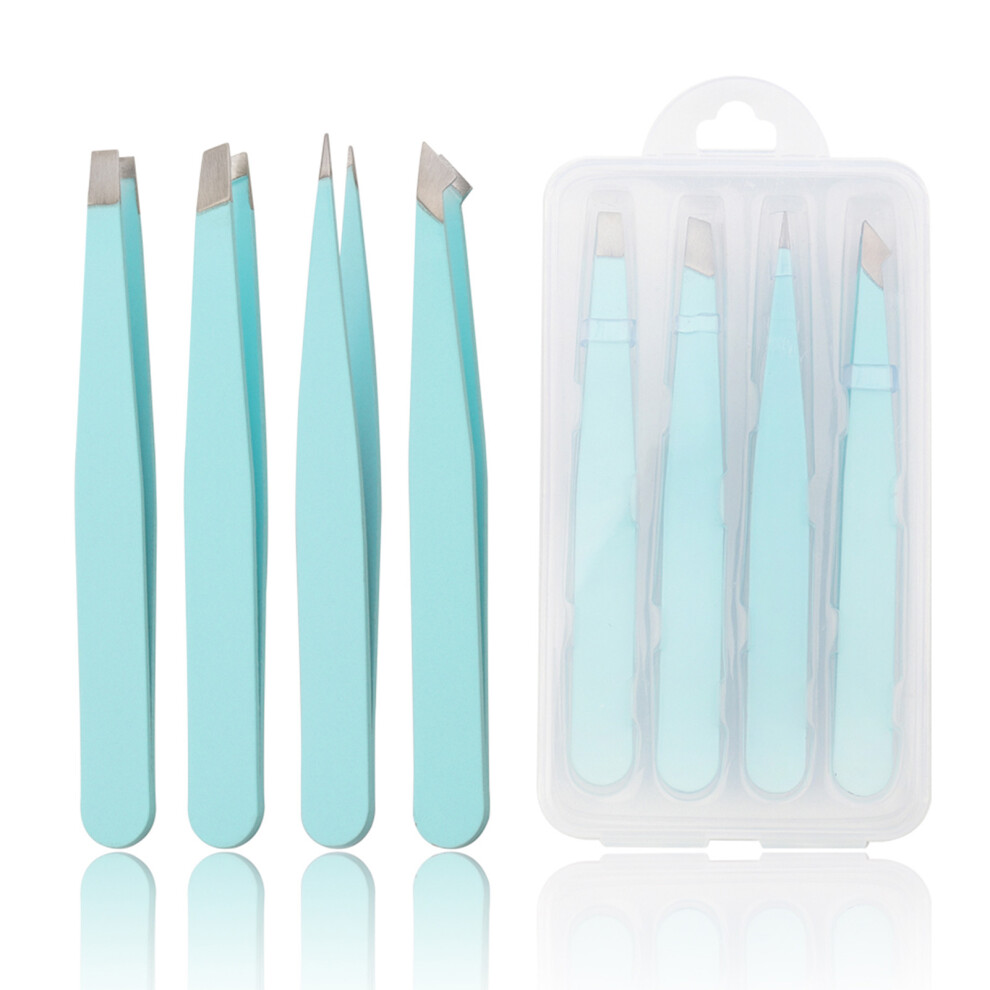 Dachuang Beauty (Blue, Plastic Box) 4Pcs Stainless Steel Tweezers For Eyebrows & Facial Hair