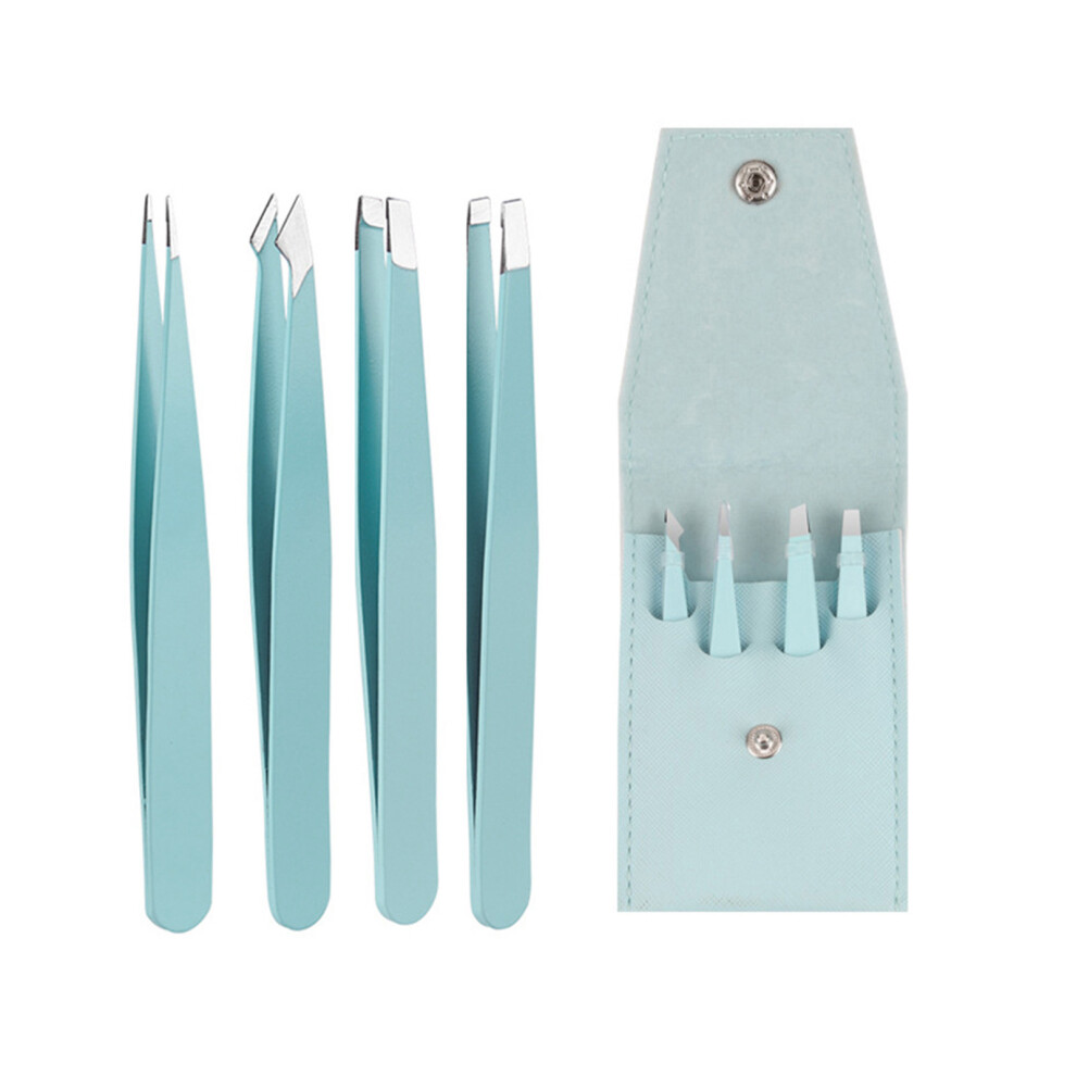 Dachuang Beauty (Blue, Pu Cover) 4Pcs Stainless Steel Tweezers For Eyebrows & Facial Hair