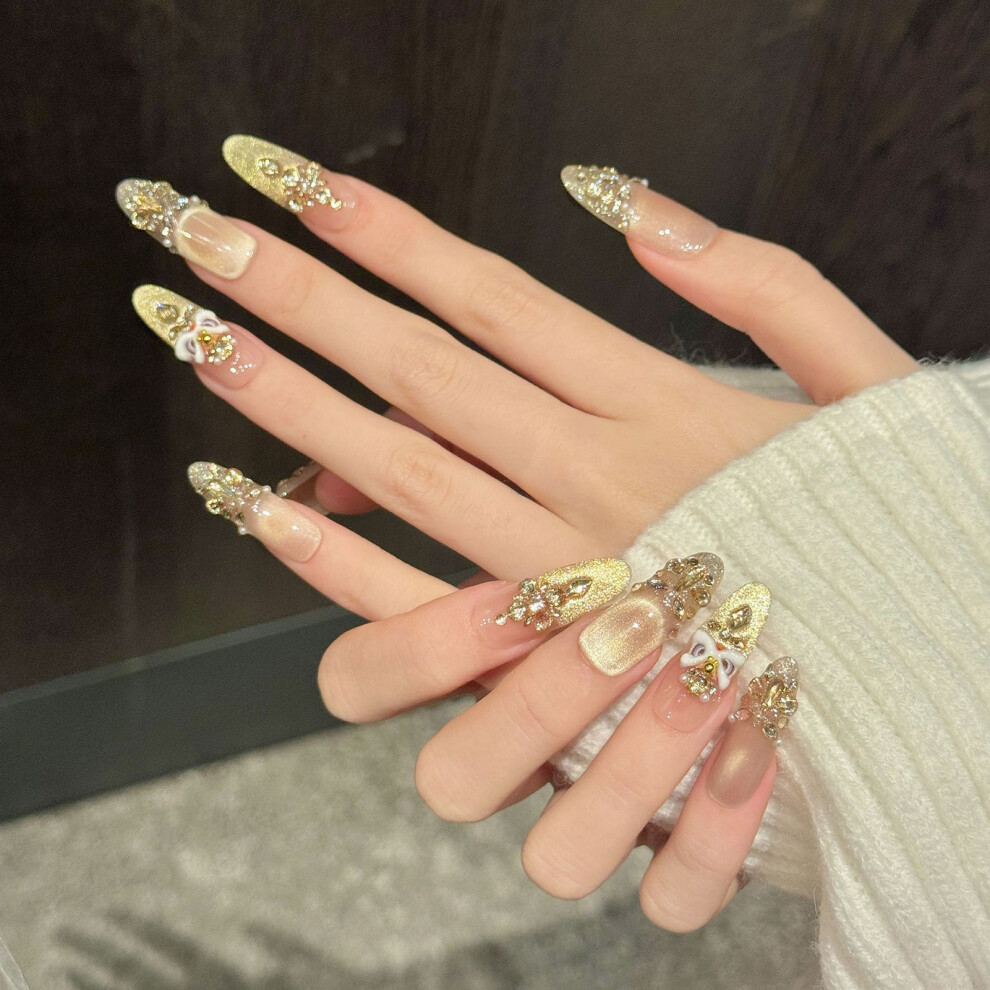 Roc-Electron (Xs) 10Pcs Gold Glitter Press On Nails With Rhinestones