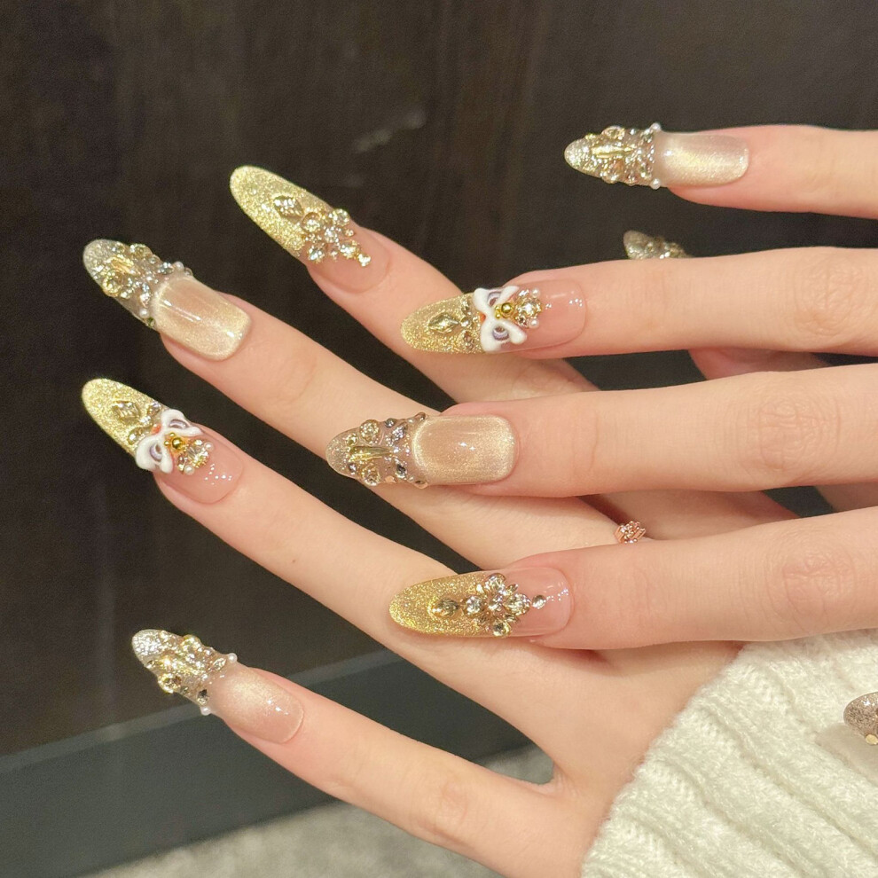 Dachuang Beauty Gold (S) 10Pcs Glitter Press On Nails With Rhinestones