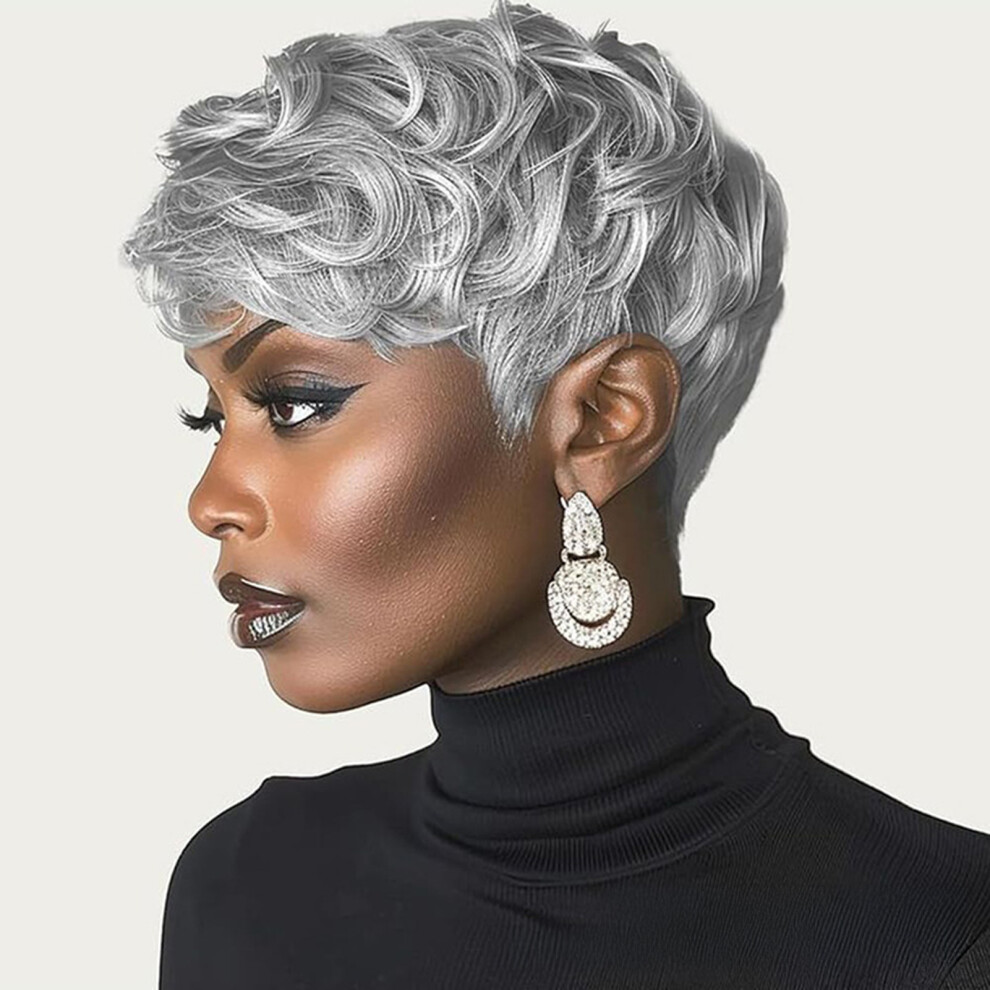Dachuang Beauty (Gray) Short Pixie Curly Wigs For Women - 6\" Human Hair