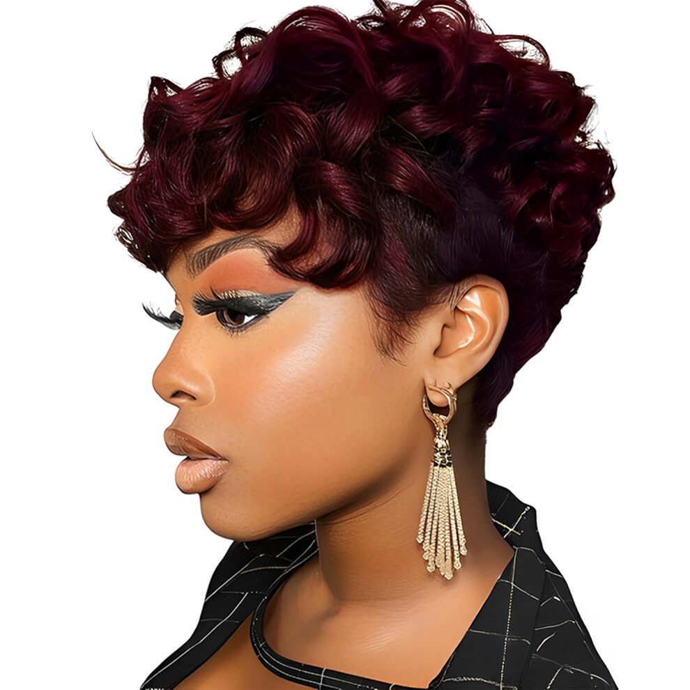Dachuang Beauty (Wine Red) Short Pixie Curly Wigs For Women - 6\" Human Hair
