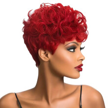 (Red) Short Pixie Curly Wigs for Women - 6\" Human Hair