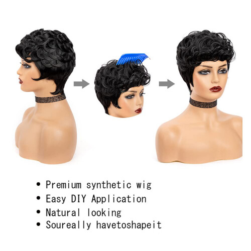 (1B) Short Pixie Curly Wigs for Women - 6\" Human Hair
