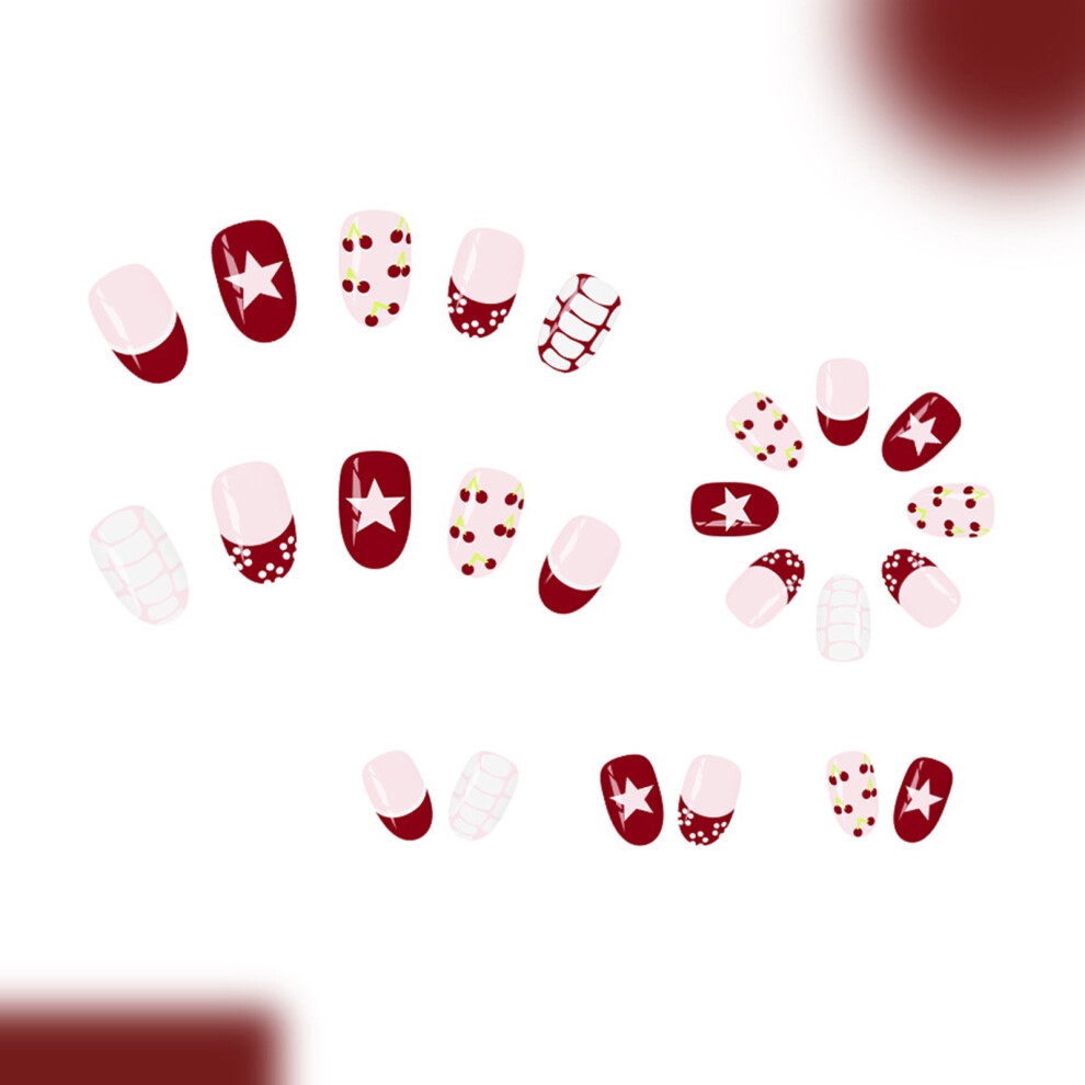 Penghui-Toys 24Pcs Burgundy French Floral False Nails