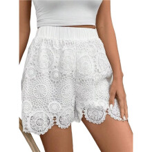 Damshorts med Spets, Elastisk Midja, Blommiga Sidenshorts med Spetskant, Blommiga Underbyxor Vit M