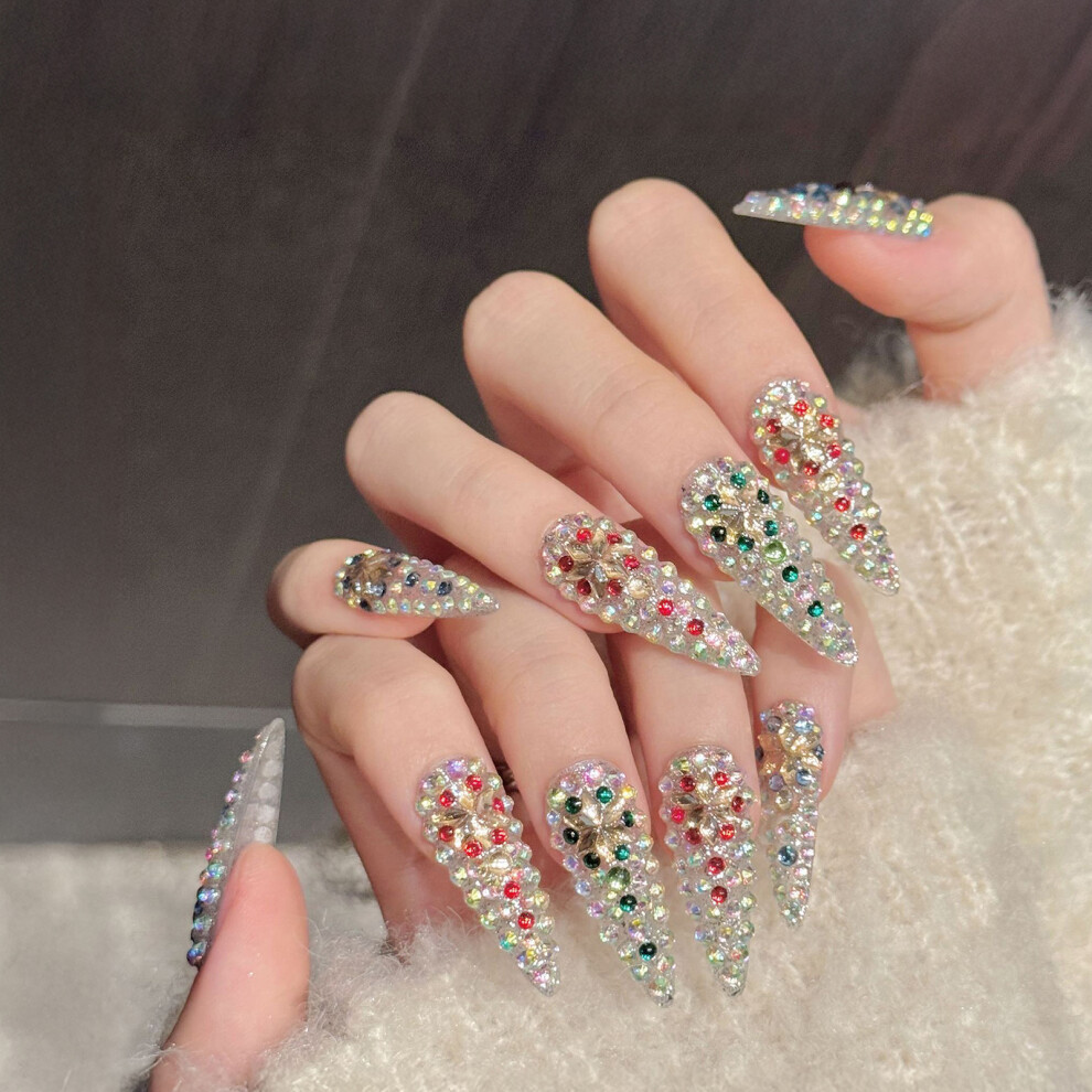 Dachuang Beauty (L) 10Pcs Rhinestone Fake Nails Long Pointed Tips Party Wedding