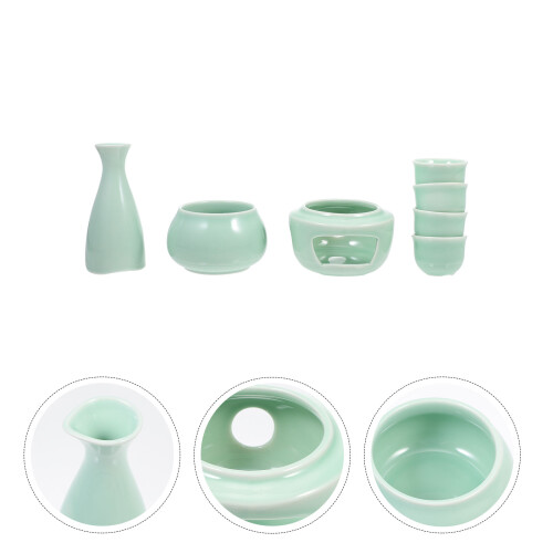 1Set Durable Green Ceramic Sake Serving Cups with Warmer for Home Bars 2