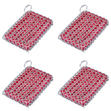 4X Cast Iron Skillet Cleaner,316 Stainless Steel Chainmail Cleaning Scrubber Silicone Scrubber,for Kitchen Cookware(Red)