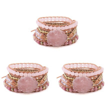 3X Natural Stone Bracelet Quartz Leather Wrap Bracelets for Women Rose Gems Crystal Beads Bohemia Jewelry