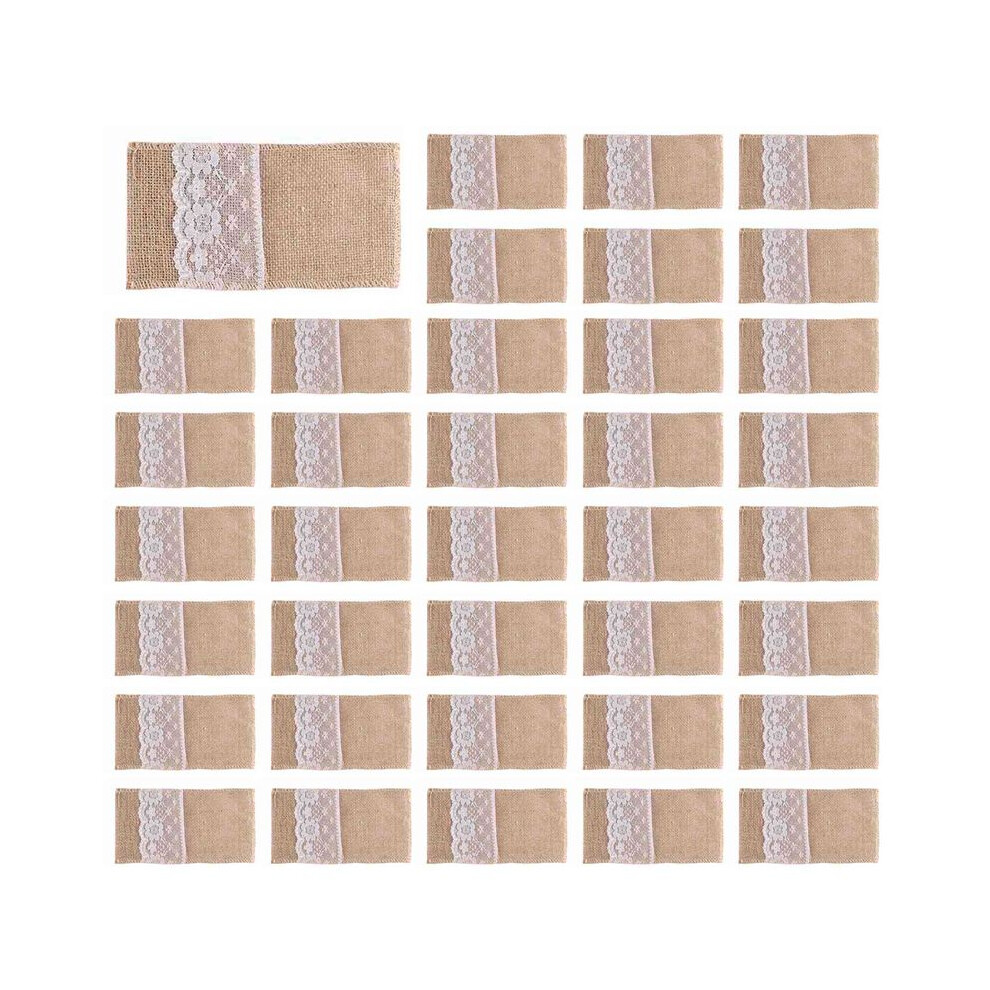Semoic 300Pc Burlap Lace Cutlery Pouch Rustic Wedding Tableware Knife Fork Holder Bag Hessian Jute Table Decoration Accessories