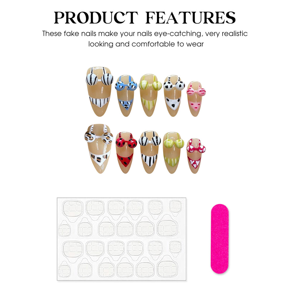Penghui-Toys (L) Nude Fake Nails With Bikini Decor Long Lasting Safe Material Waterproof False Nails For Daily And Parties Wearing