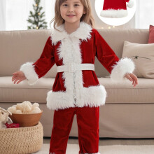 (Red, 2-3Y) Mädchen-Set mit Weihnachtsmann und Weihnachten, langärmlig, Gürtel, Jacke, Hose, Mütze – hochelastisch, einfarbig, normale