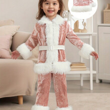 (Pink Color, 4-5Y) Mädchen-Set mit Weihnachtsmann und Weihnachten, langärmlig, Gürtel, Jacke, Hose, Mütze – hochelastisch, einfarbig, normale