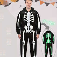 (Black, 44) 1-teiliger, im Dunkeln leuchtender Halloween-Jumpsuit mit Skelett-Print und Kapuze – langärmlig, mit Reißverschluss, normale