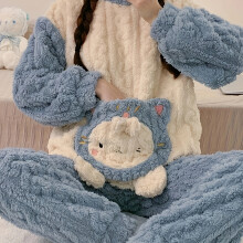 (Mixed Color, 10) Skurriles Fuzzy-Pyjama-Set mit Cartoon-Katze – weiches, langärmliges Oberteil mit Rundhalsausschnitt, gemütliche Hose mit