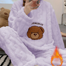 (Light Purple, 12/14) Soft & Warm Cozy Winter Plush Pajama Set for Women | Long Sleeve Teddy Bear Top & Matching Pants, Soft Polyester Loungewear,