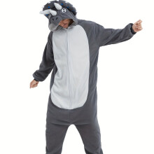 (Dark Gray, 44) Einteiliger Herren-Pyjama aus Plüsch-Fleece mit Tiermotiv und Kapuze – Fledermausärmel-Design, elastischer Bund,