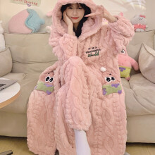(Pink Color, 6) Korallen-Fleece-Nachtwäsche für Damen, verdickter und mit Fleece gefütterter langer Stil, neue Cartoon-süße Winterkleidung, warme