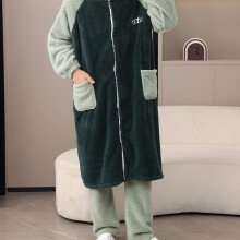 (Dark Green, L) 2pcs Cozy Autumn & Winter Flannel Pajama Set for Him | Men's Long Sleeve, Casual Style, Hooded Bathrobe with Pockets, Polyester