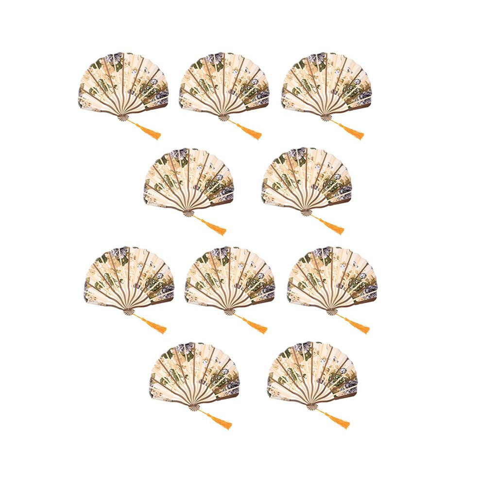 Semoic 10X Classic Style Peony Flower Fabric Bamboo Folding Dance Hand Fan Beige