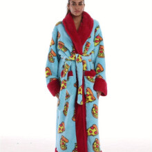 (Pizza, 38) 1 Stück extra langer, verdickter Wintermantel – weicher, nicht klebriger Polyester-Samt-Loungemantel mit verstellbarem Gürtel und