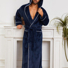 (navy blue, 38) Men's Thickened Flannel Robe| Coral Fleece Lining, Medium- Long Bathrobe Pajamas Preferred