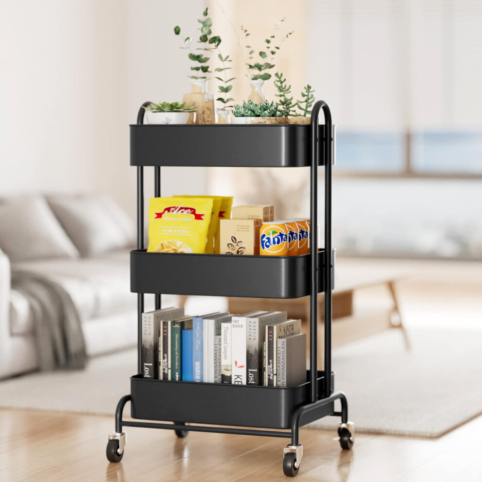 3Tier Rolling Cart, Metal Utility Cart With Wheels, Lockable Wheels, Heavyduty Organizer Black 9092120960884