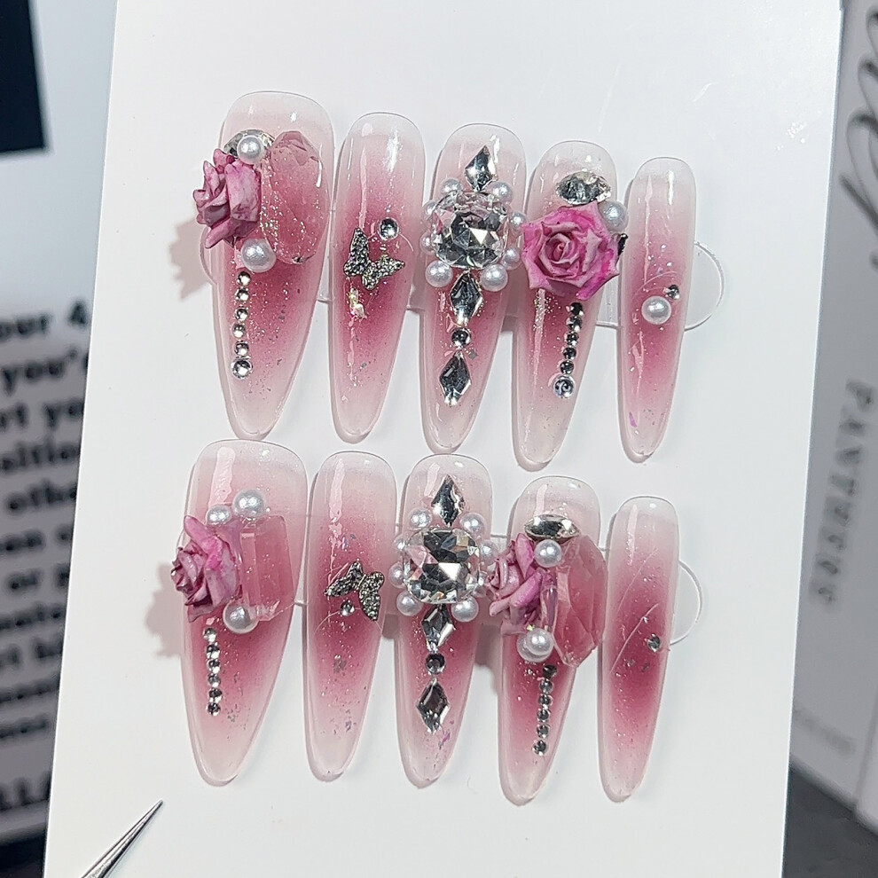 Penghui-Toys (S) Blush Long False Nails With Flower Decor Reusable Long Lasting Press On Nails For Working Dating Or Partying