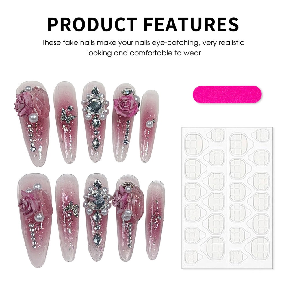 Penghui-Toys (M) Blush Long False Nails With Flower Decor Reusable Long Lasting Press On Nails For Working Dating Or Partying