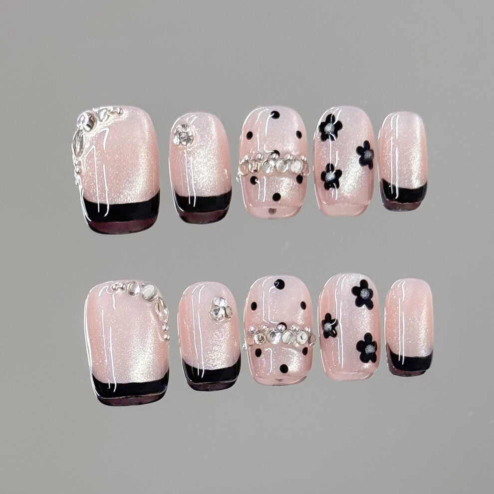 Penghui-Toys (M) 10Pcs Pink Cat Eyes Fake Nails With Black Tip Charming Comfortable To Wear Manicure Nails For Shopping Traveling Dating
