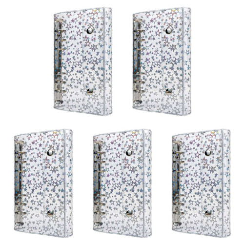 5X A6 Budget Binder Cover Clear PVC 6 Ring Binder Glitter Star Refillable Notebook Shell Protector with 2 Snaps