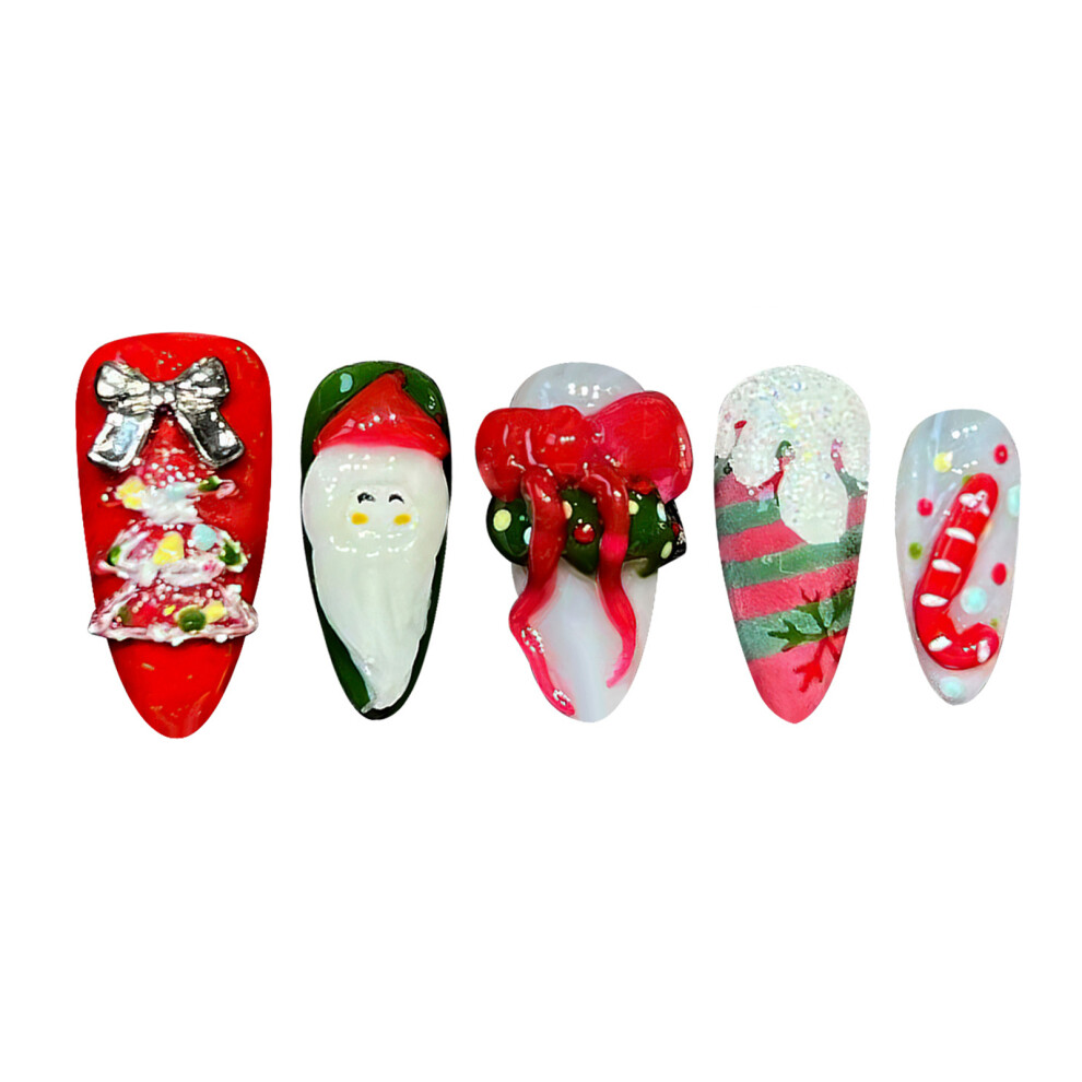 Penghui-Toys (M) Christmas Theme Almond False Nails Long Lasting Safe Material Waterproof False Nails For Women And Girl Nail Salon