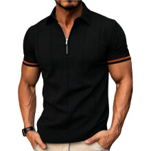 Gebreide Herenshirts met Kwartrits, Casual, Modieus, Slim Fit, Golfshirts Zwart XL