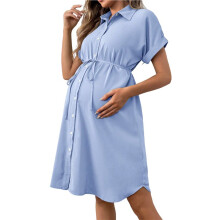 Womens Short Sleeve Button Down Casual Maternity Dress with Belt Shirt Style Pregnancy Dress Light XXL