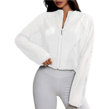 Damen-Mesh-Jacke mit Reißverschluss, Stehkragen, Leichtem Material und Taschen Weiß L