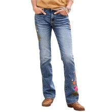Women'S Floral Embroidery Mid Waist Mid Stretch Bootcut Jeans with Pockets M
