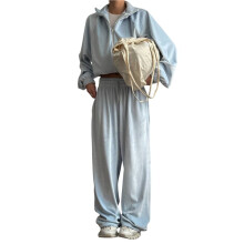 Dames Casual Tweedelige Set: Effen Kleur, Hoodie met Lange Mouwen en Ritssluiting, Joggingbroek, Trainingspak Hemelsblauw S
