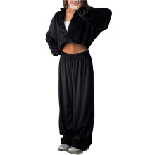 Dames Casual Tweedelige Set: Effen Kleur, Hoodie met Lange Mouwen en Ritssluiting, Joggingbroek, Trainingspak Zwart XL