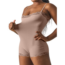 Lång Jumpsuit med Fyrkantig Halsringning, Kort Sparkdräkt, Hel del, Shapewear med Spetsdetaljer Khaki L