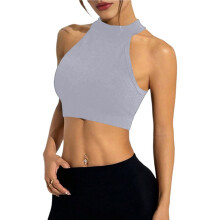 Mouwloze Tanktop met Ronde Hals, Geribbelde Gebreide Crop Top voor Dames Grijs L