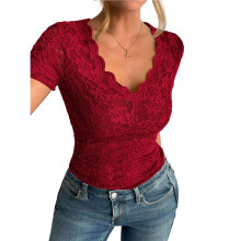 Women Lace V Neck Short Sleeve Top Floral See Through Sheer Blouse T Shirt Casual Ruffle Red XL